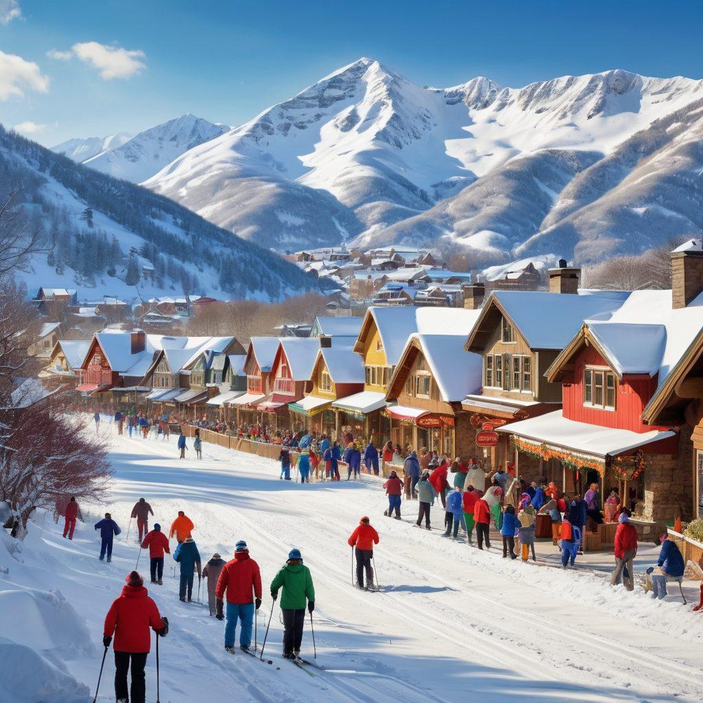 A vibrant scene showcasing a downhill skiing course descending into a lively community gathering in Batavia, with cheerful people participating in various leisure activities such as snowman building and hot cocoa sipping. Snowy mountains in the background, colorful flags waving, and festive banners highlighting community spirit. Capture the joy and warmth of a winter gathering with cozy settings. super-realistic. vibrant colors. winter theme.