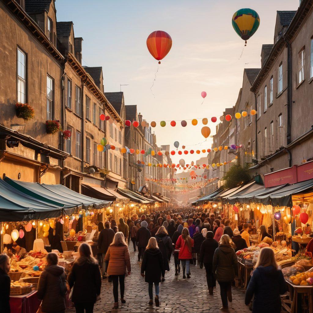 A lively street filled with colorful local stalls showcasing crafts and food, surrounded by joyful crowds engaging in live music and performances. Balloons, streamers, and festive lights create a cheerful atmosphere, while children play nearby. In the background, iconic local landmarks subtly blend into the scene, enhancing the sense of community. Captured during the golden hour for warm tones. vibrant colors. super-realistic.