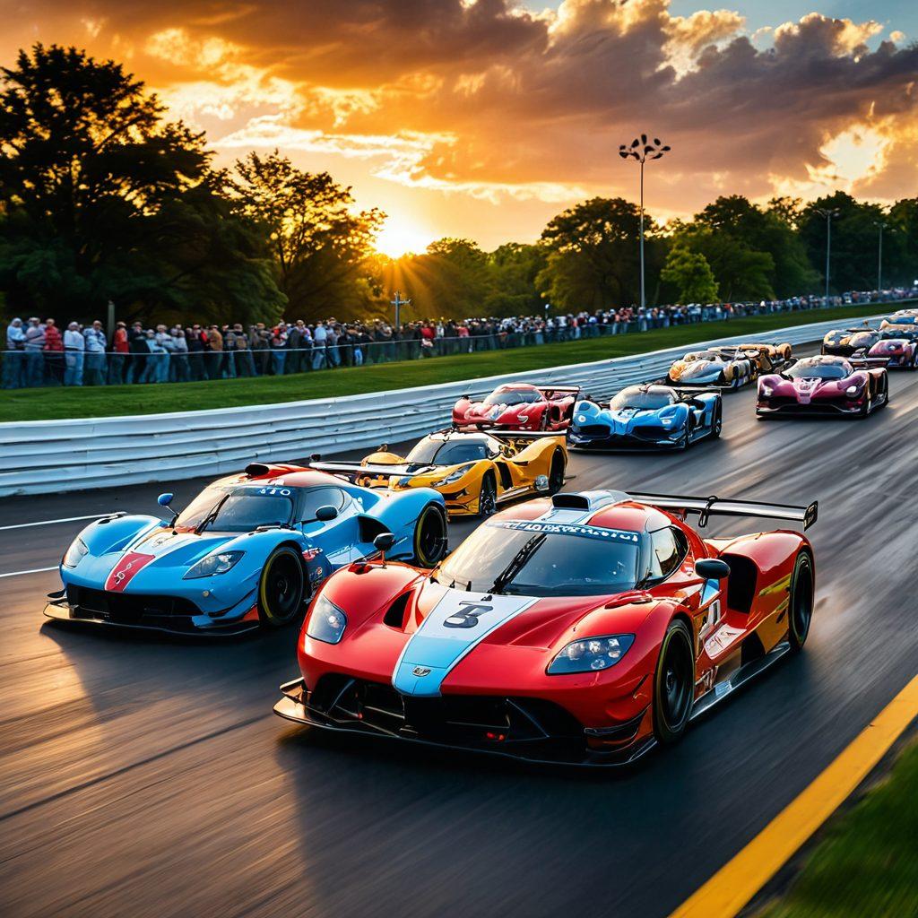 A vibrant scene showcasing a thrilling Batavia racing event, featuring colorful race cars speeding around a track against a backdrop of local attractions like stunning parks and lively marketplaces. The atmosphere is filled with excitement, joy, and a diverse crowd of enthusiastic spectators cheering. Sunlight streams through fluffy clouds, illuminating the vivid colors of the cars and surroundings. super-realistic. vibrant colors. dynamic composition.